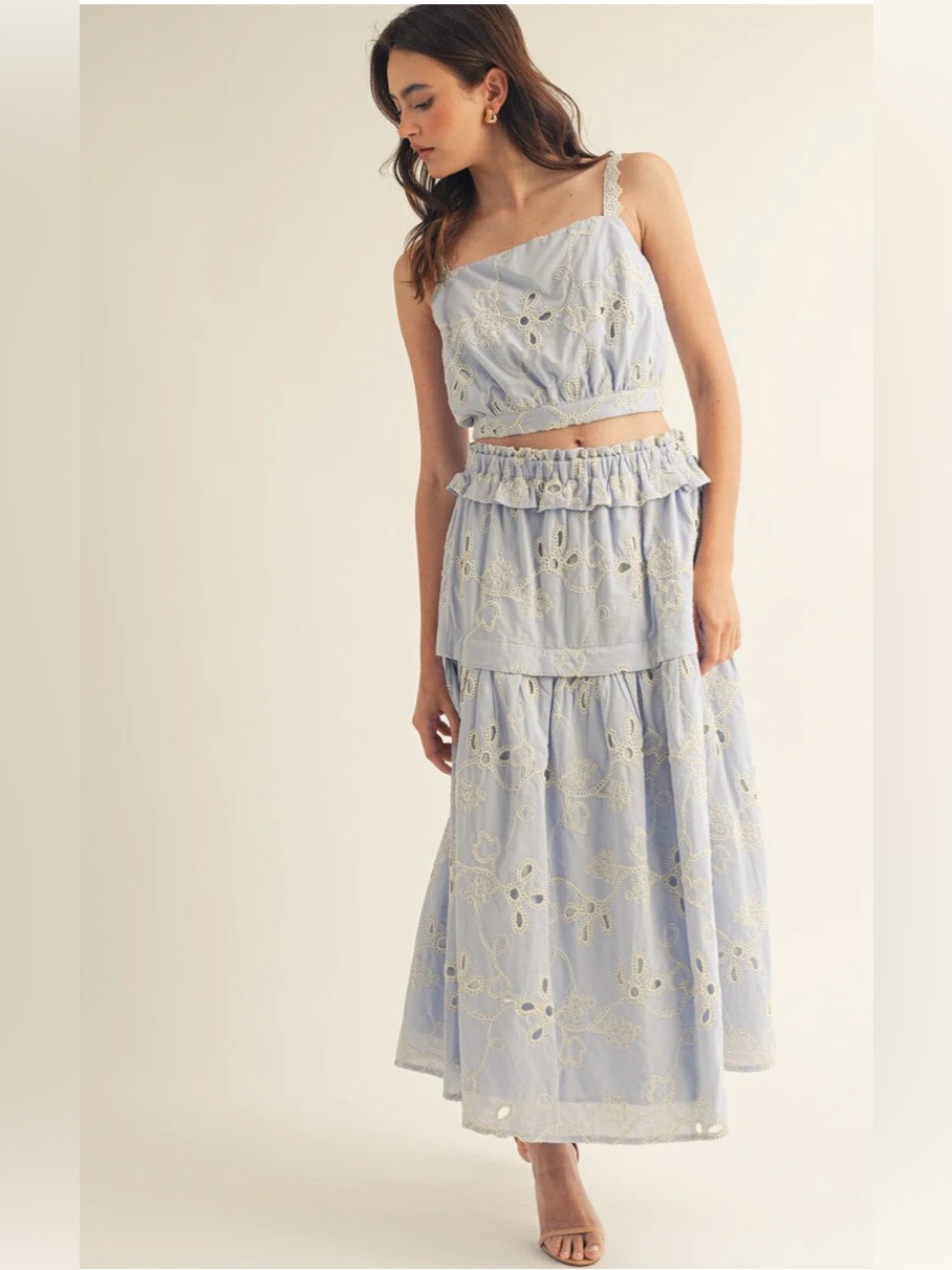 A619. Light Blue Eyelet Tiered Maxi Skirt & Top Ser
